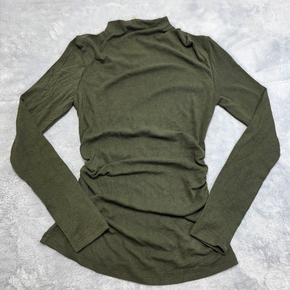 OGL Women Small Olive Green Mock Neck Top Ruched Side Long Sleeve Slim Fit